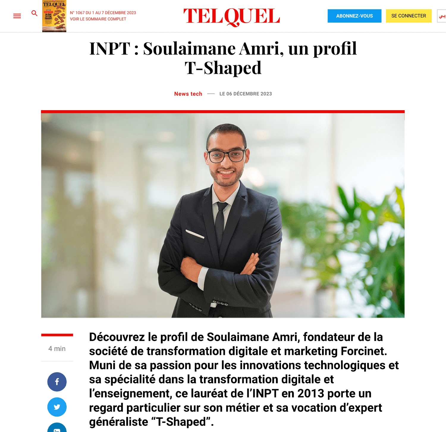 FORCINET - Médias Article Telquel - Soulaimane AMRI Profil T-Shaped